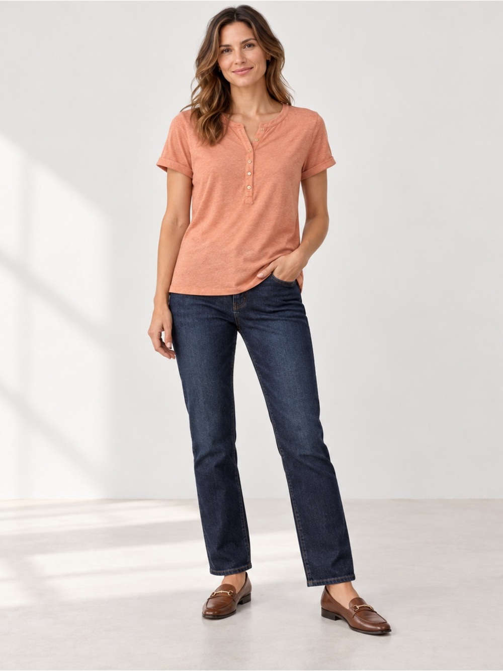 LOFT Coral-Orange Short Sleeve Henley Tee